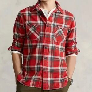 Polo Ralph Lauren Classic Fit Red Plaid Cotton Utility Shirt Pockets Cabin Sz XL